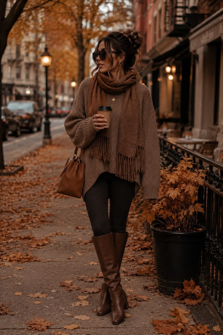 1. Mocha Oversized Sweater and Fringe Scarf with Knee-High Boots