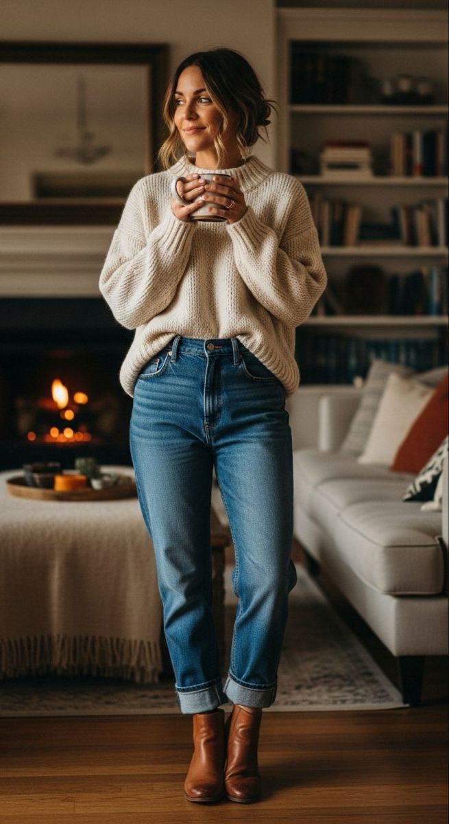 3. Cuffed Straight-Leg Jeans, Cream Mock-Neck Sweater and Cognac Ankle Boots