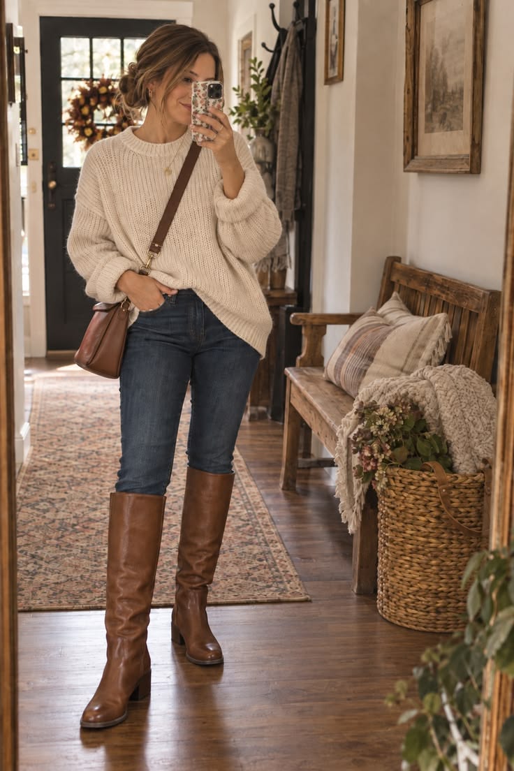 4. Riding Boots Over Dark-Wash Skinny Jeans with an Oatmeal Crewneck