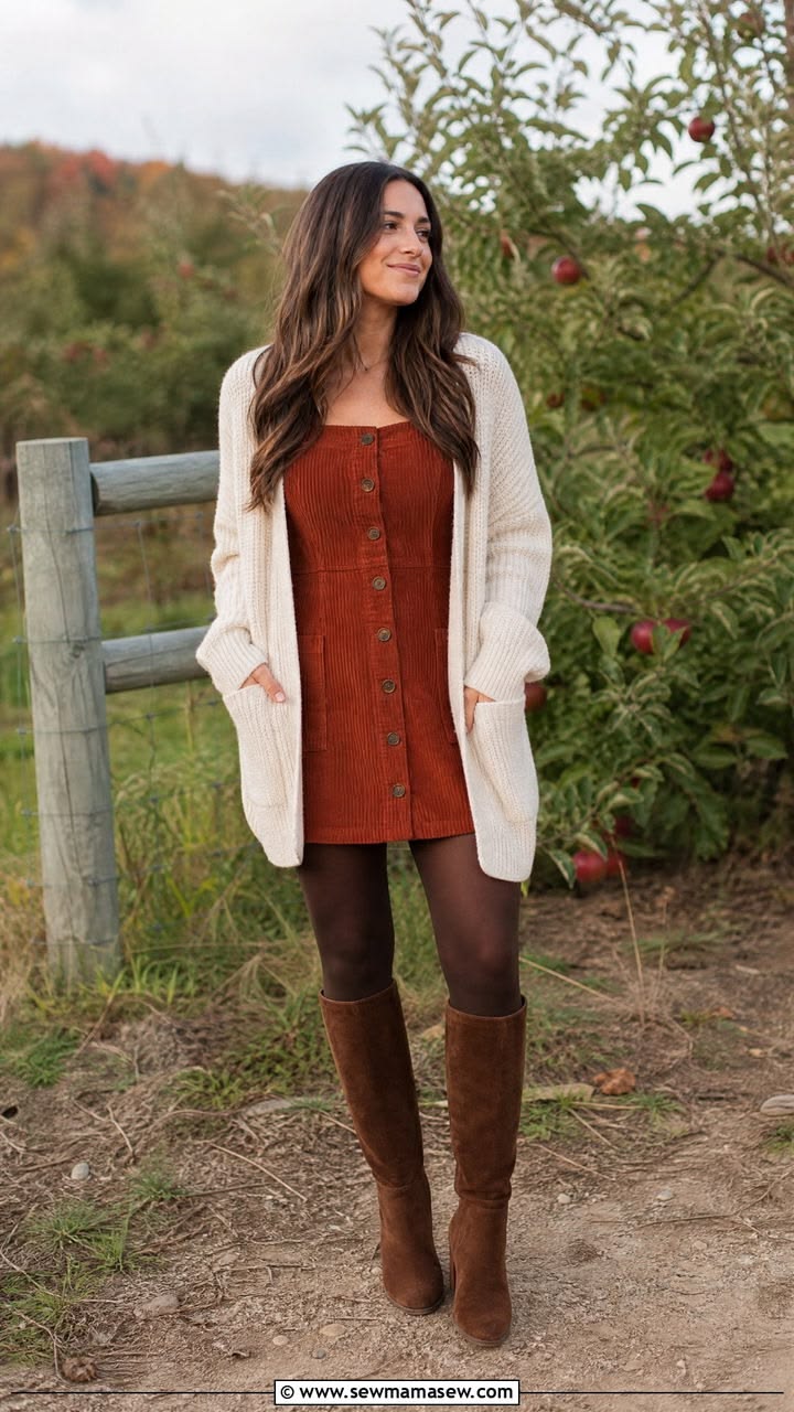7. Rust Corduroy Pinafore Dress, Long Cream Cardigan and Suede Boots