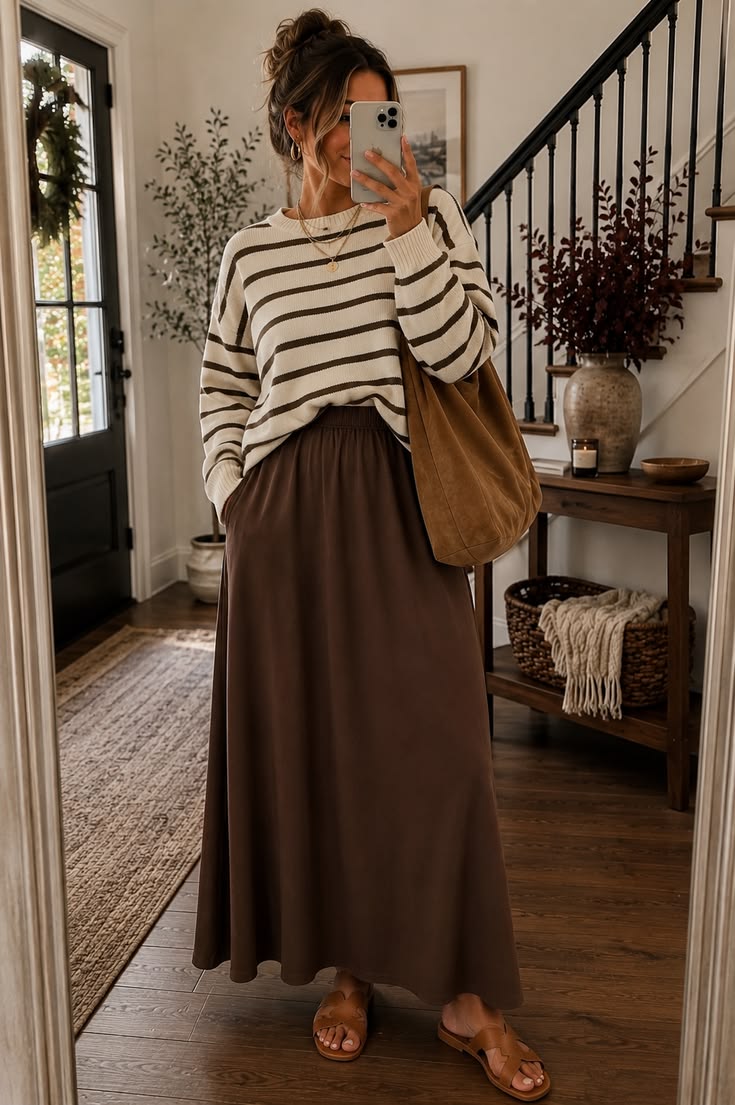 15. Striped Crewneck with a Brown Maxi Skirt and Leather Sandals