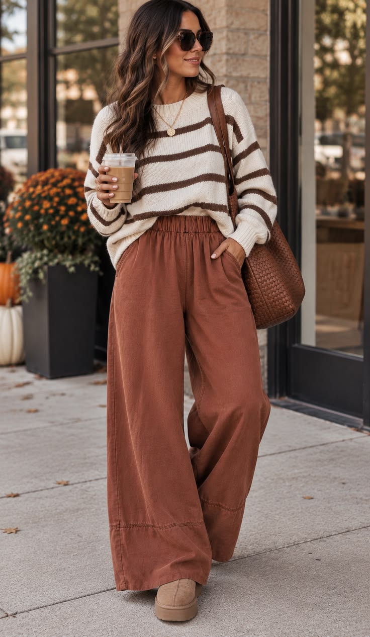 17. Wide-Leg Rust Pull-On Pants with a Brown Striped Sweater