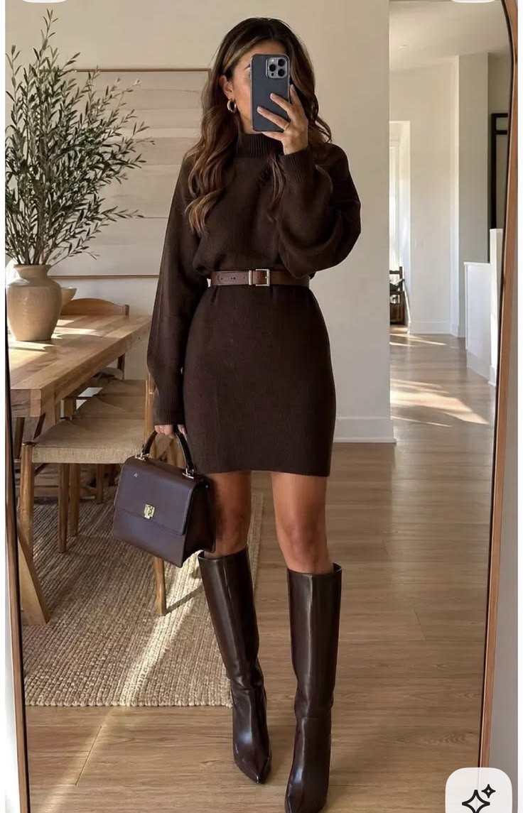 1. Chocolate Belted Turtleneck Sweater Dress With Knee-High Leather Boots
