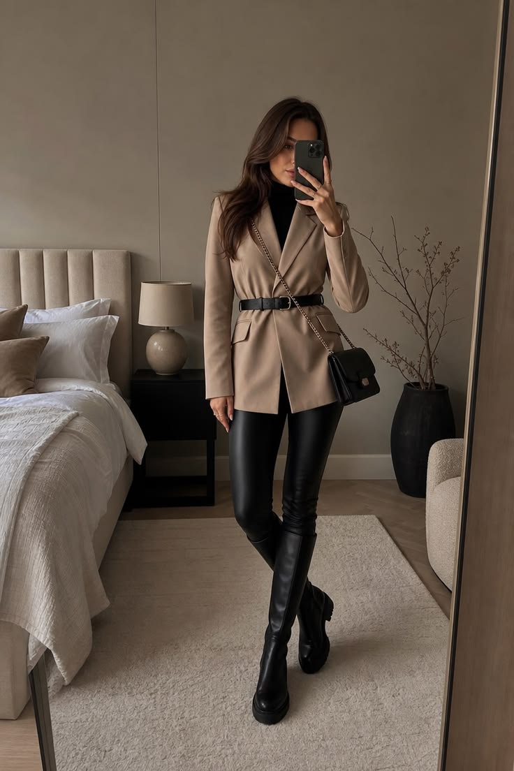 3. Belted Camel Blazer, Black Leather Leggings and Lug-Sole Boots