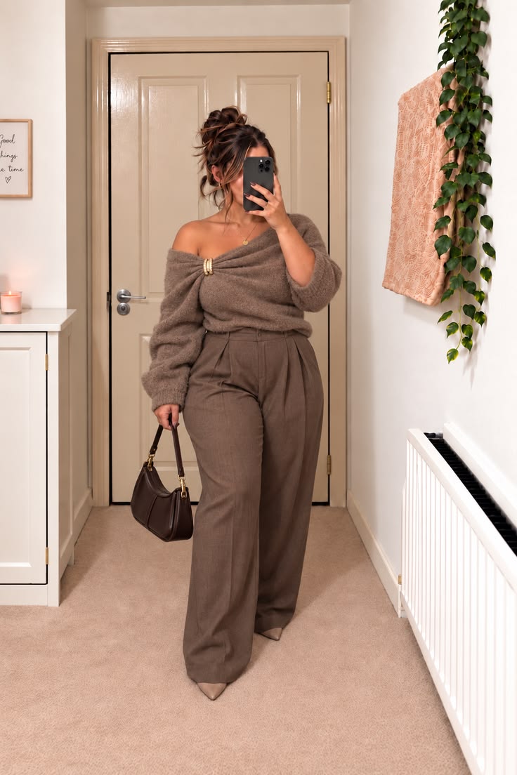 5. Head-to-Toe Taupe: Off-Shoulder Knit and Pleated Wide-Leg Trousers