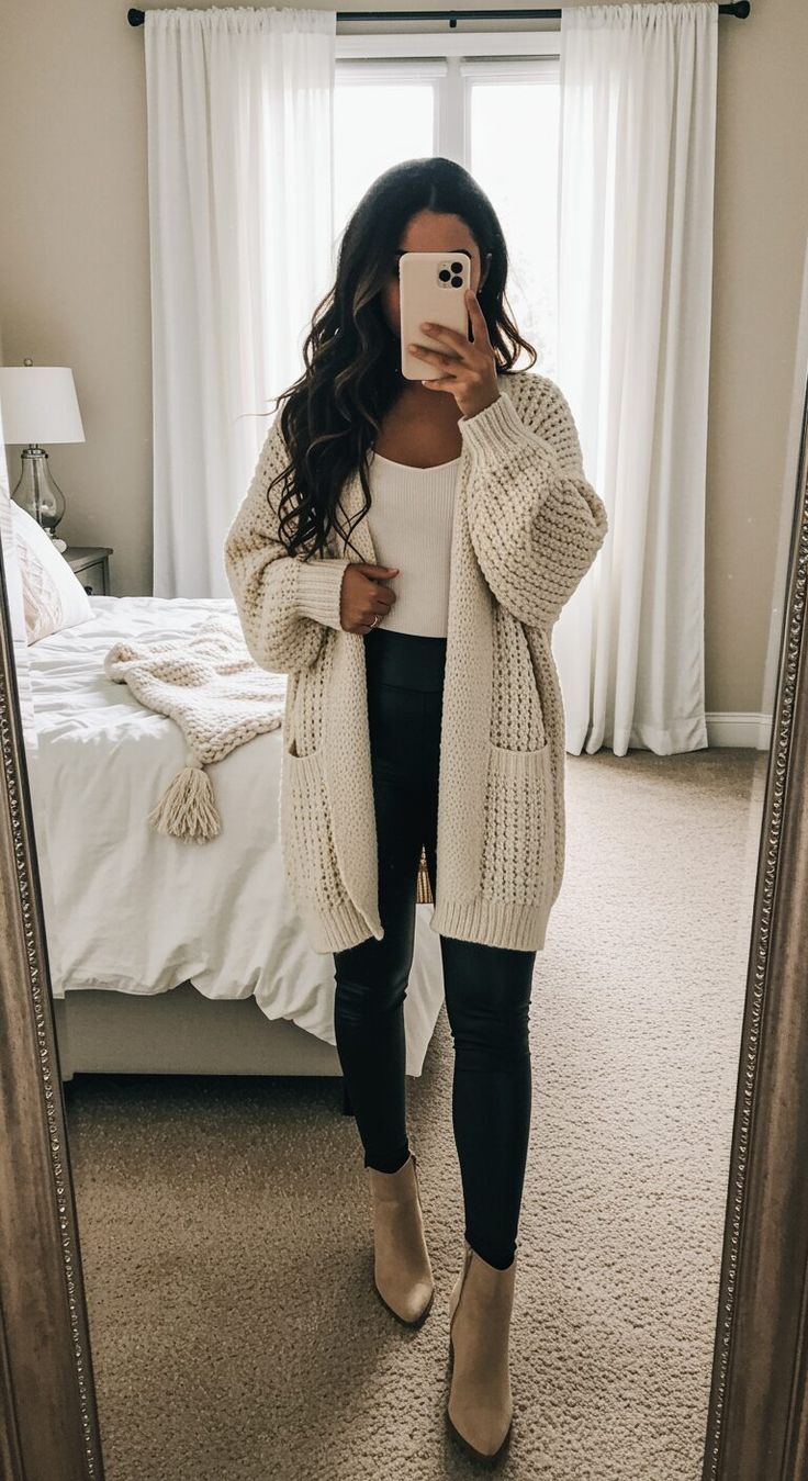 9. Chunky Cream Cardigan and Faux-Leather Leggings for Weekend Errands