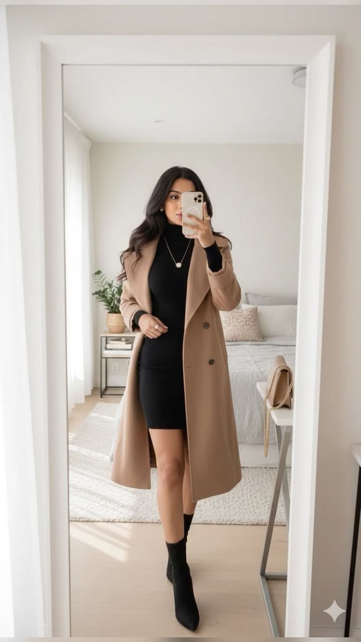 10. Camel Wool Coat Over a Black Turtleneck Mini Dress and Sock Boots