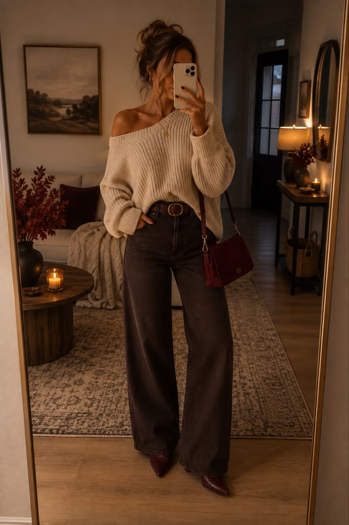 12. Dark Brown Wide-Leg Jeans With an Ivory Knit and Burgundy Boots