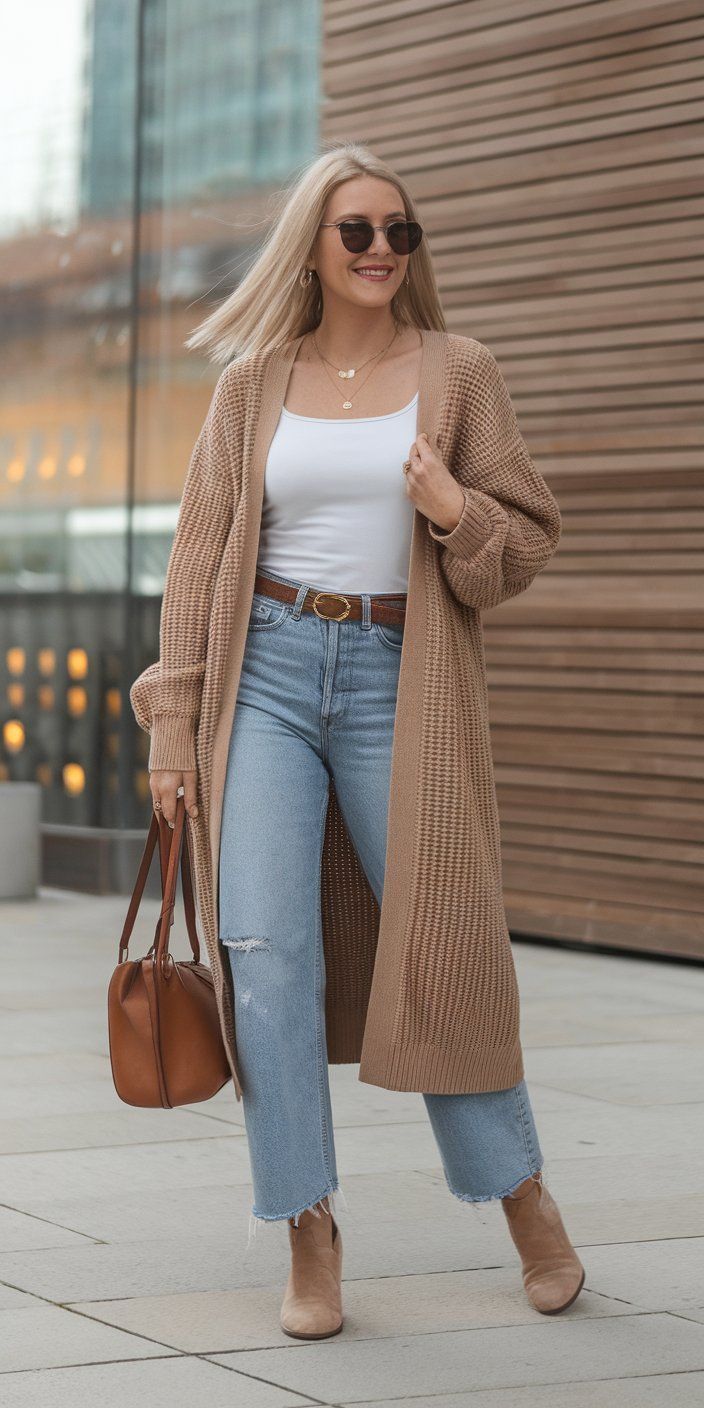 19. Waffle-Knit Camel Duster Over a White Tank and Cropped Jeans