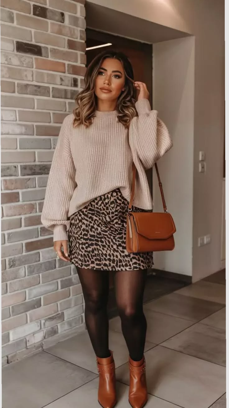 3. Leopard Print Mini Skirt With a Blush Balloon-Sleeve Sweater