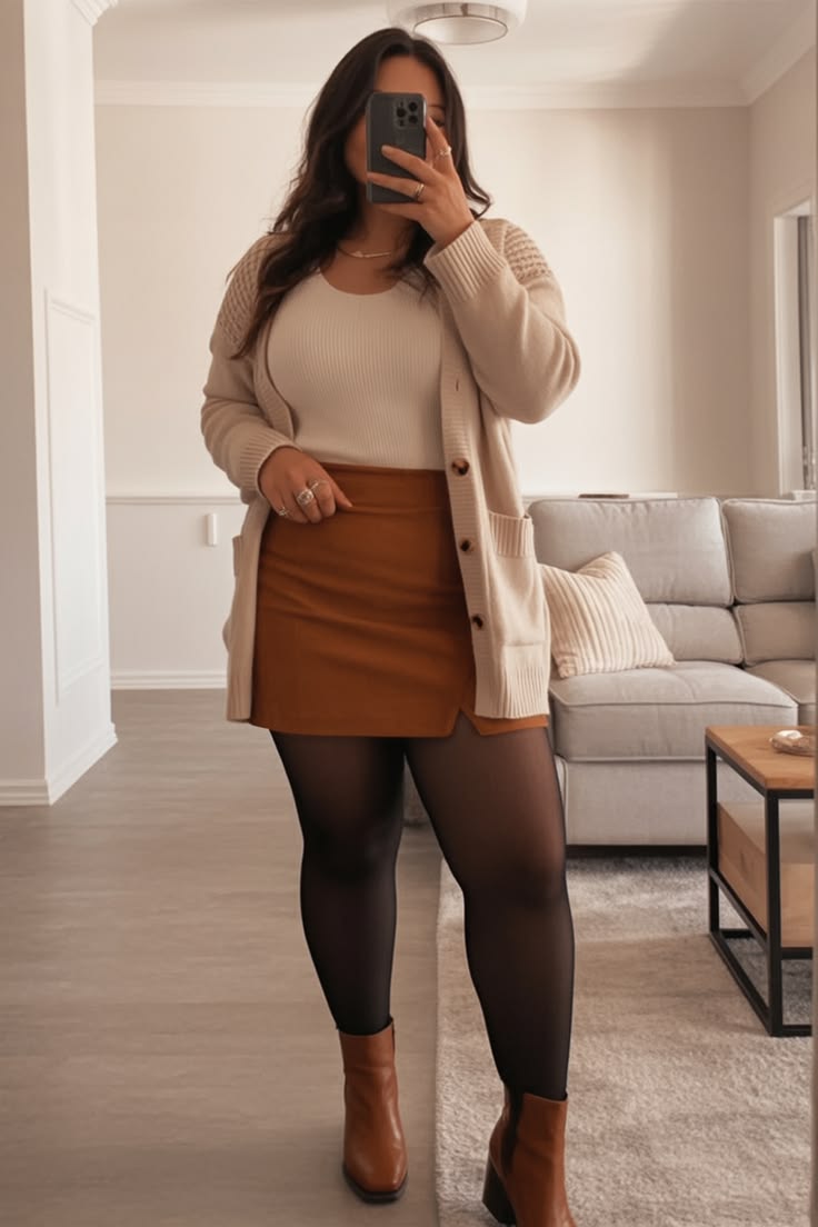 4. Cinnamon Suede Mini Skirt With Ribbed Knit and Oatmeal Cardigan