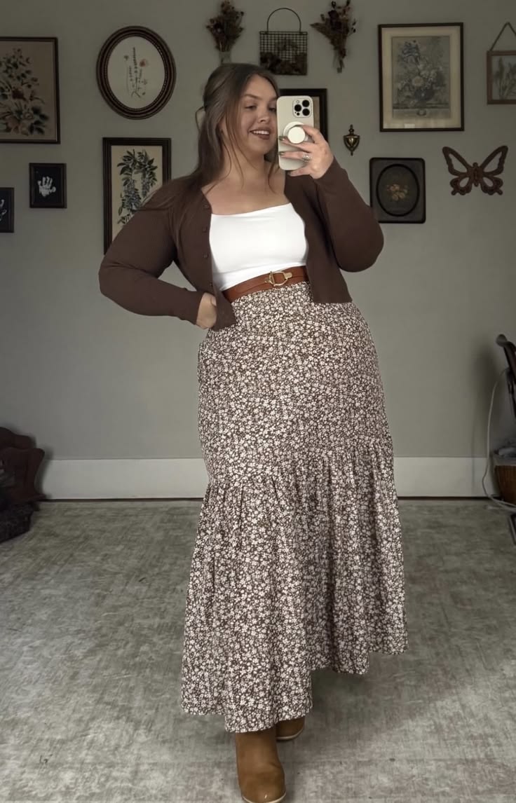5. Ditsy Floral Tiered Maxi Skirt With Cropped Brown Cardigan