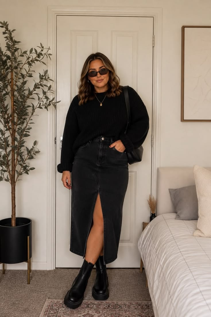 8. All-Black Look: Chunky Sweater and Slit Denim Midi Skirt
