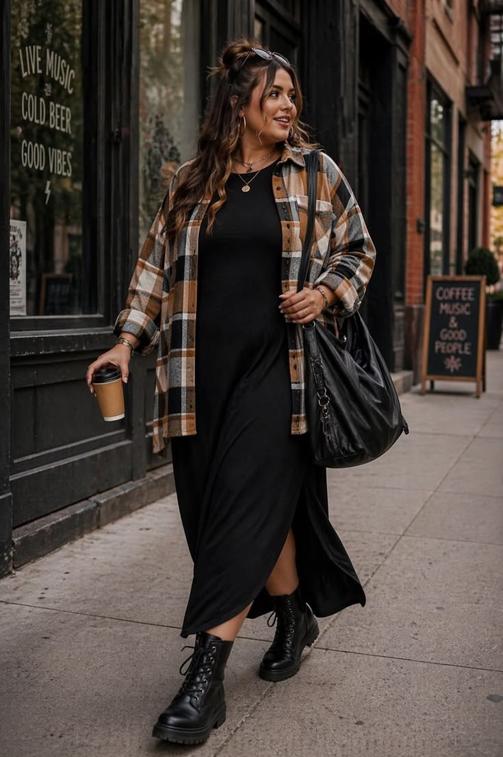 9. Plaid Flannel Shacket With a Black Maxi Dress and Combat Boots