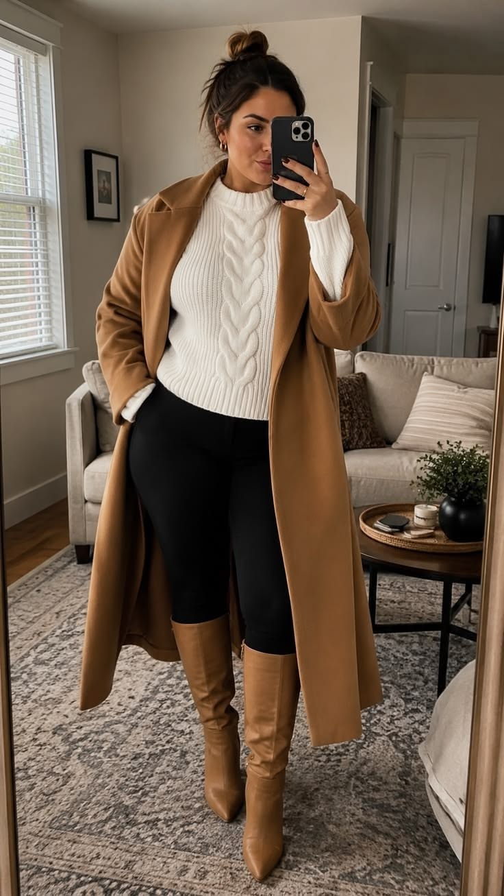 10. Camel Longline Coat, Ivory Cable-Knit Sweater and Tall Boots