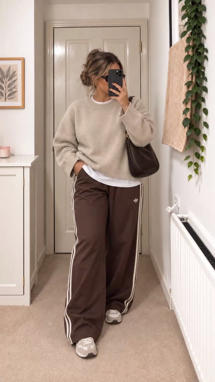 11. Brown Striped Track Pants With an Oatmeal Crewneck Sweater