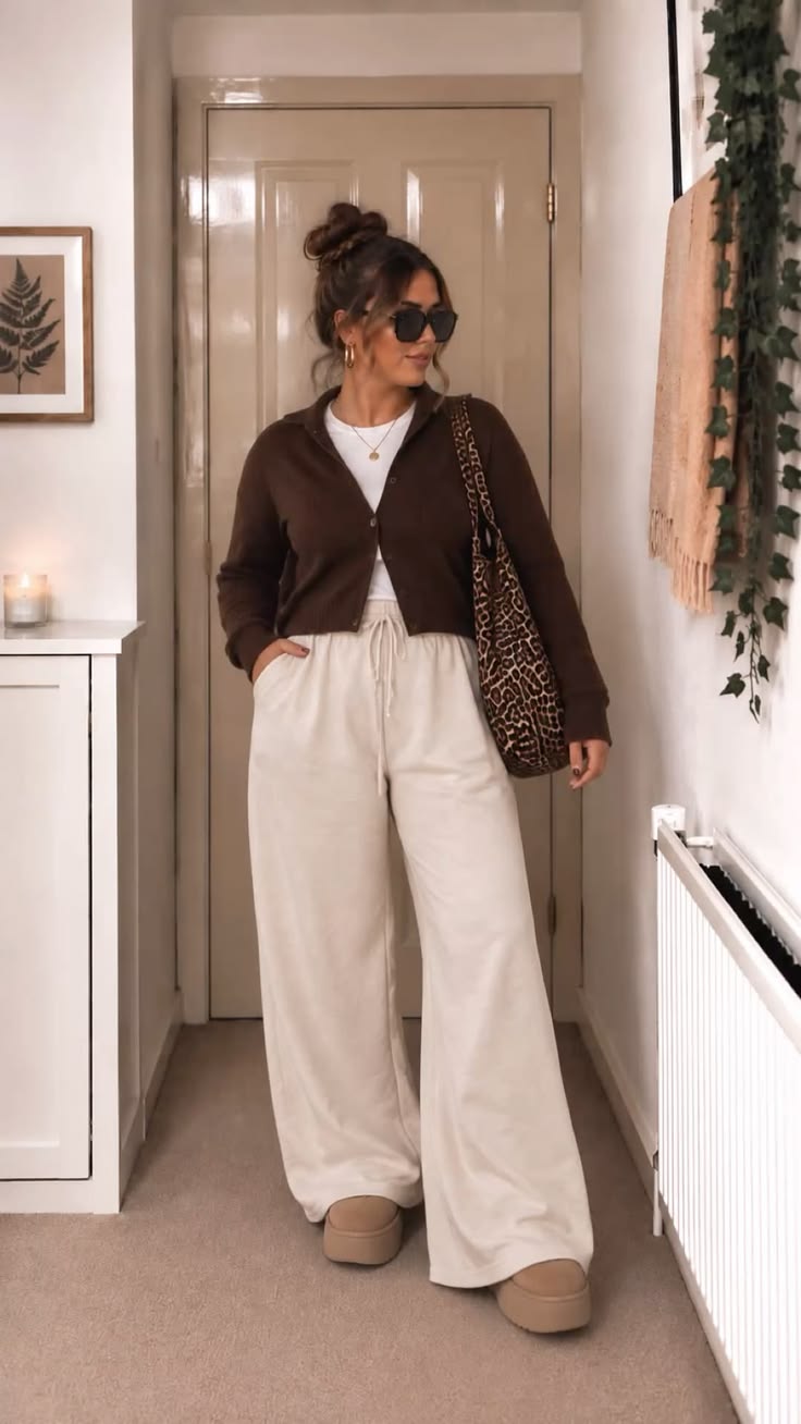 13. Wide-Leg Cream Drawstring Pants Under a Cropped Brown Cardigan