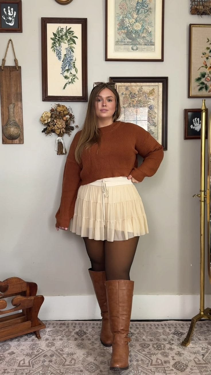14. Rust Cropped Knit Over a Cream Tiered Ruffle Mini Skirt