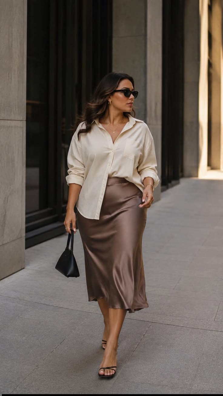 17. Mocha Satin Midi Skirt With a Half-Tucked Cream Button-Up