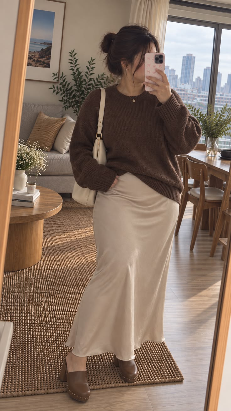 18. How to Wear a Satin Maxi Skirt With a Chunky Brown Knit
