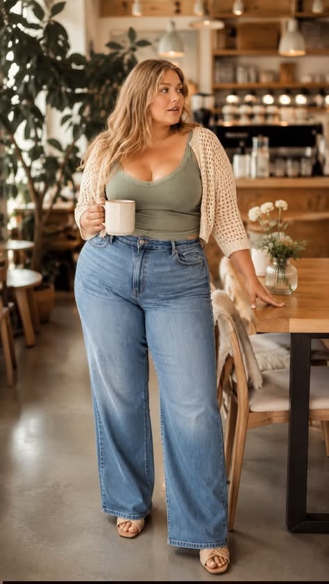 19. Early Fall Transition: Sage Tank, Crochet Cardigan and Wide-Leg Jeans