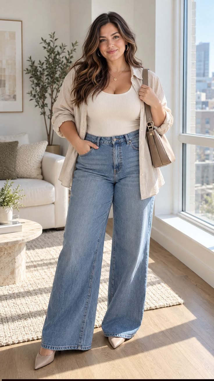 20. Linen Shirt Layered Over a Cream Tank With Wide-Leg Jeans and Pumps