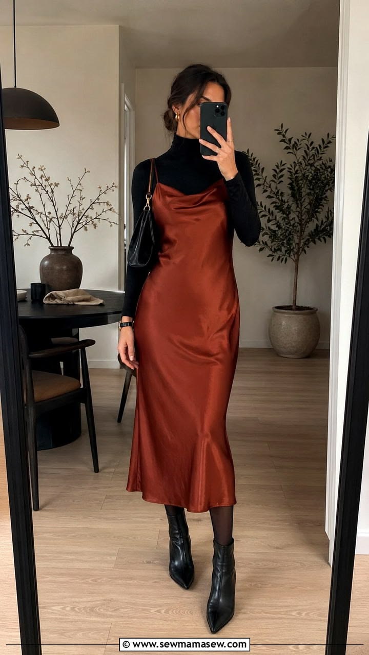 4. Copper Satin Slip Dress Layered Over a Black Turtleneck