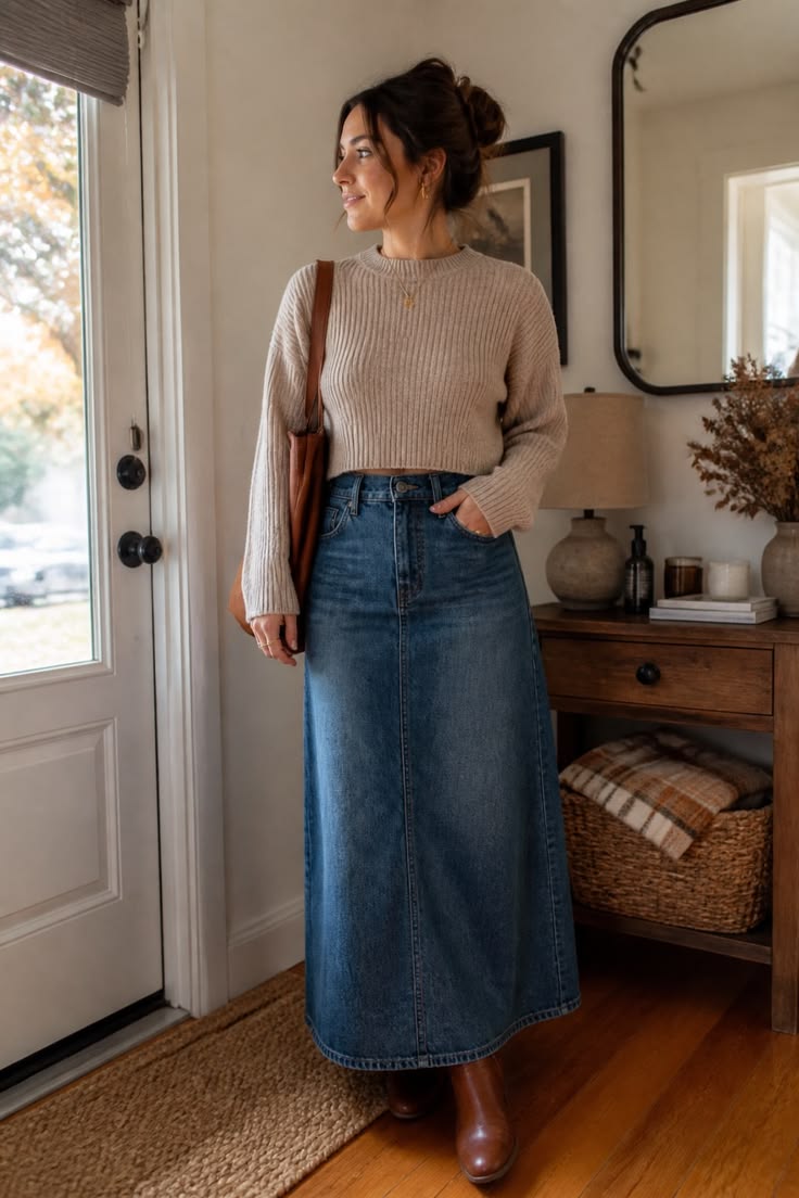 6. Cropped Oatmeal Rib Sweater Over a Denim A-Line Maxi Skirt