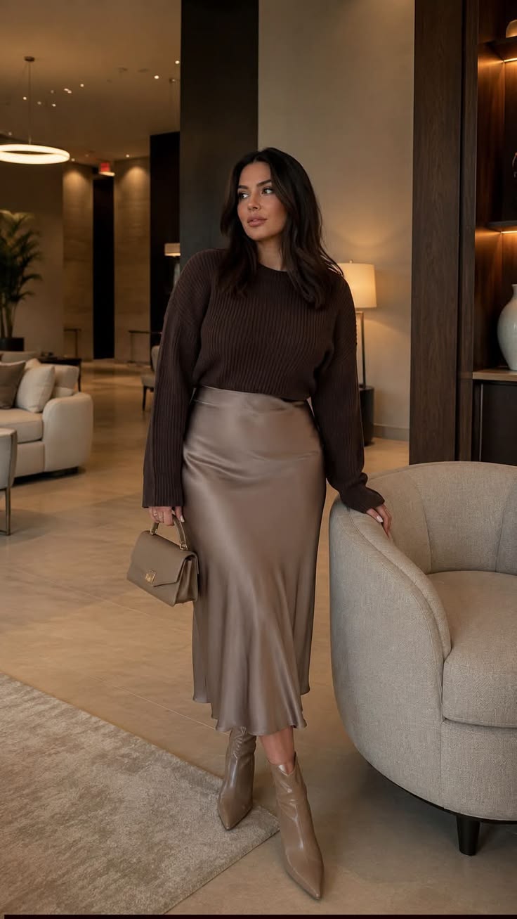 7. Tonal Brown Look: Chocolate Rib Knit With a Taupe Satin Midi