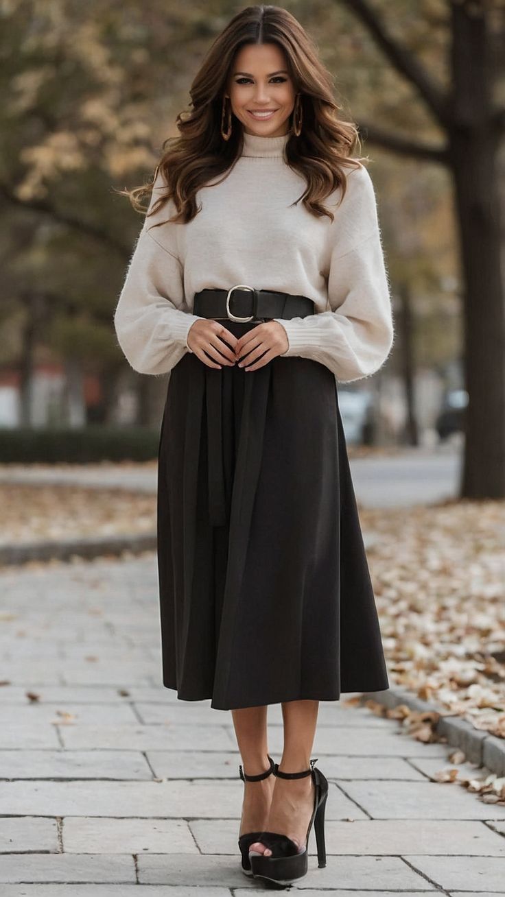 8. Belted Cream Mock-Neck Sweater, Black Midi and Platform Heels