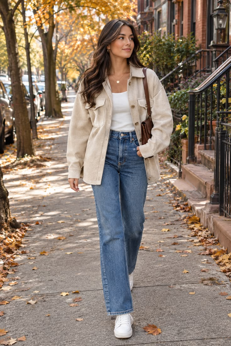 9. Oatmeal Shacket Over a White Tank and High-Rise Straight Jeans