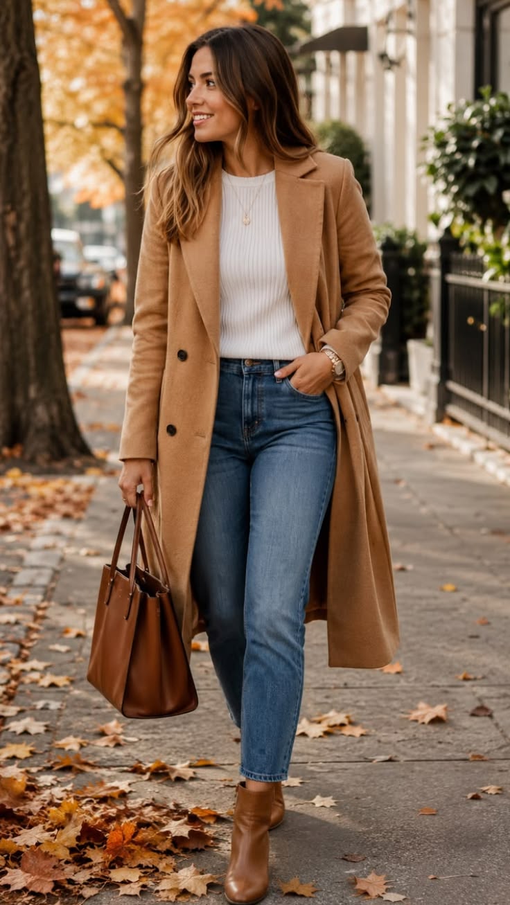 10. Long Camel Coat, Tucked Cream Knit and Straight Jeans