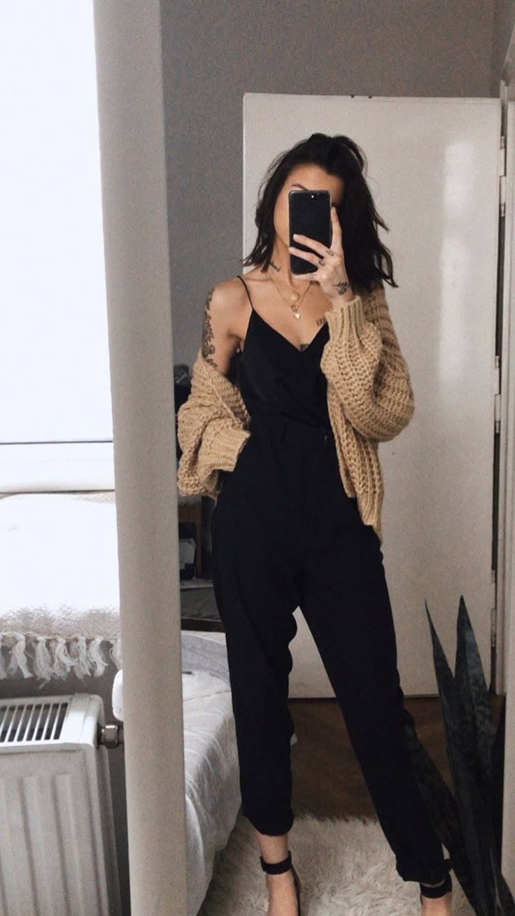 11. Black Cami Jumpsuit With a Slouchy Camel Knit Cardigan