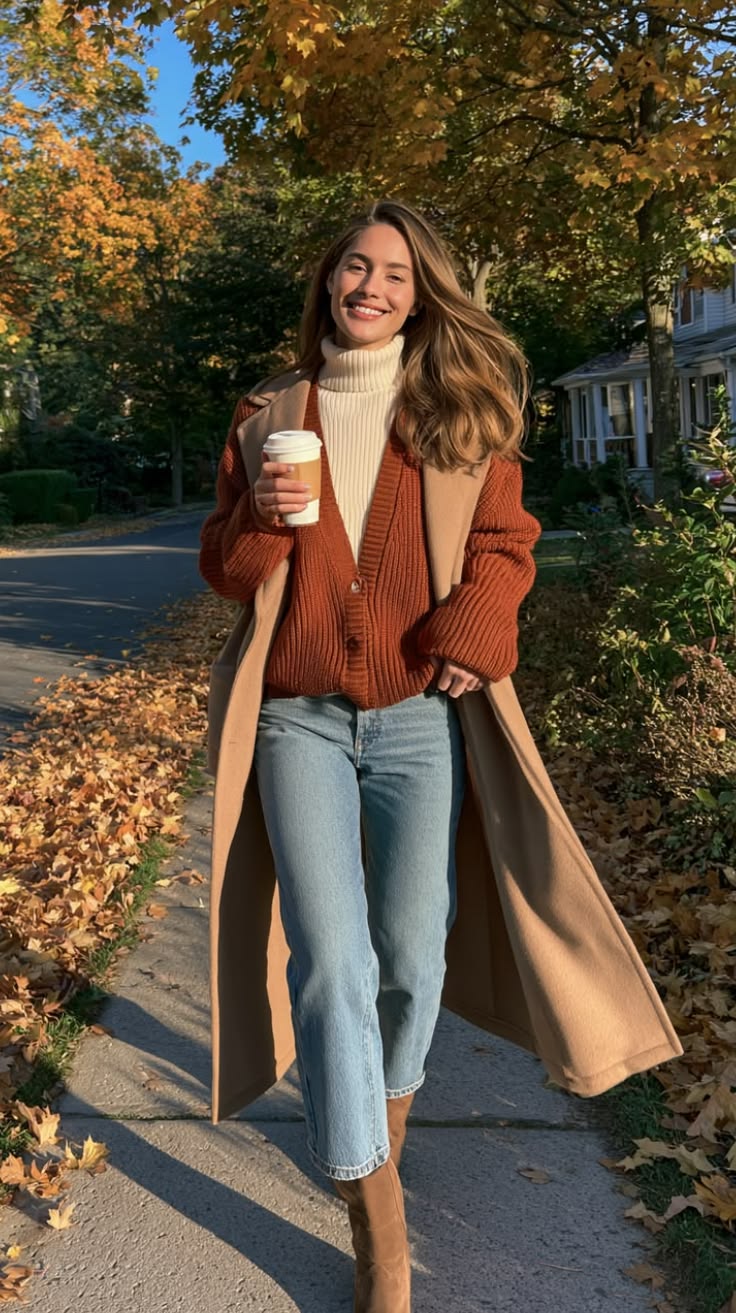 12. Rust Cardigan Over a Cream Turtleneck With Cropped Light Jeans