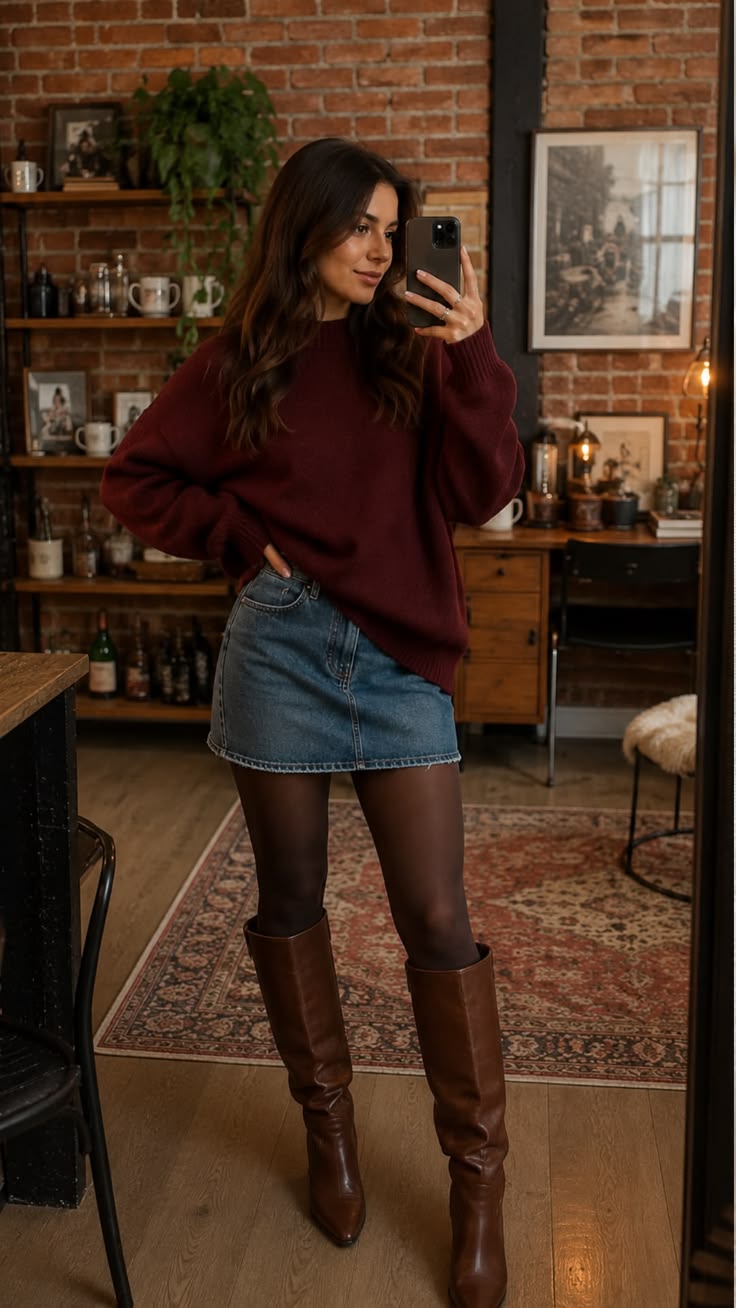 15. Burgundy Oversized Sweater, Denim Mini and Brown Tights With Tall Boots