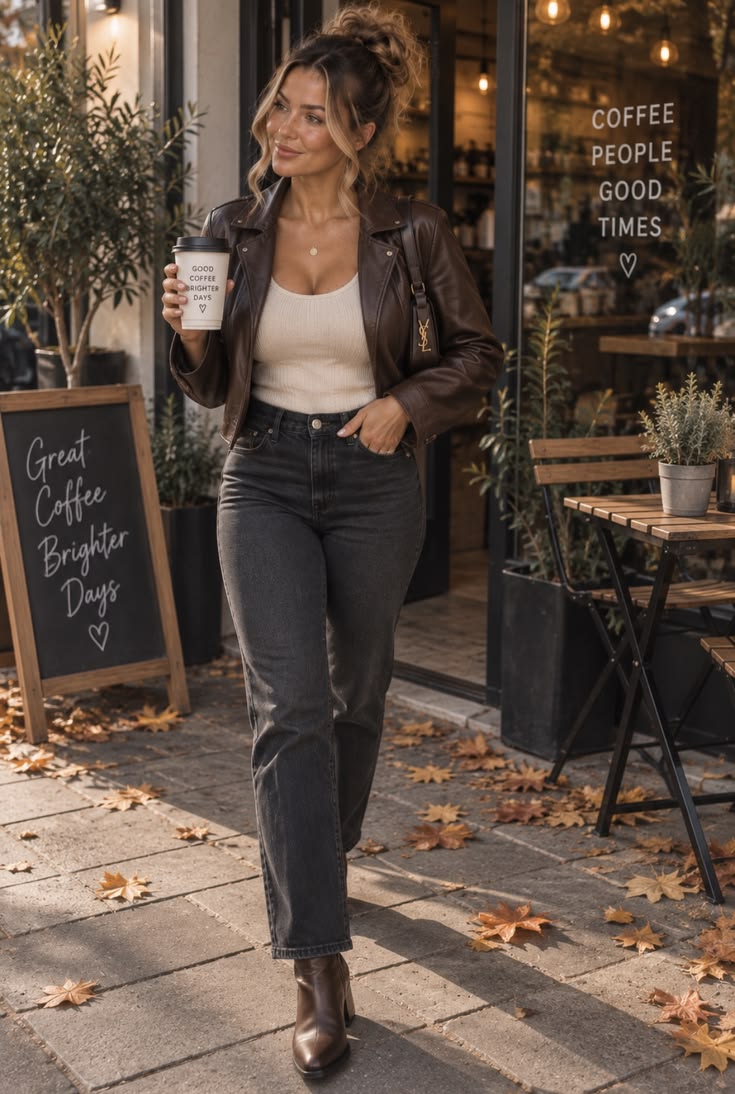 17. Espresso Leather Jacket With Washed Black Straight-Leg Jeans