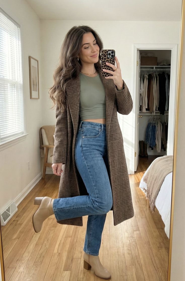 2. Brown Plaid Longline Coat Over Sage Crop Top and Straight Jeans