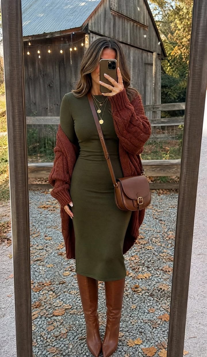 3. Olive Bodycon Midi Dress Layered With a Rust Cable-Knit Cardigan