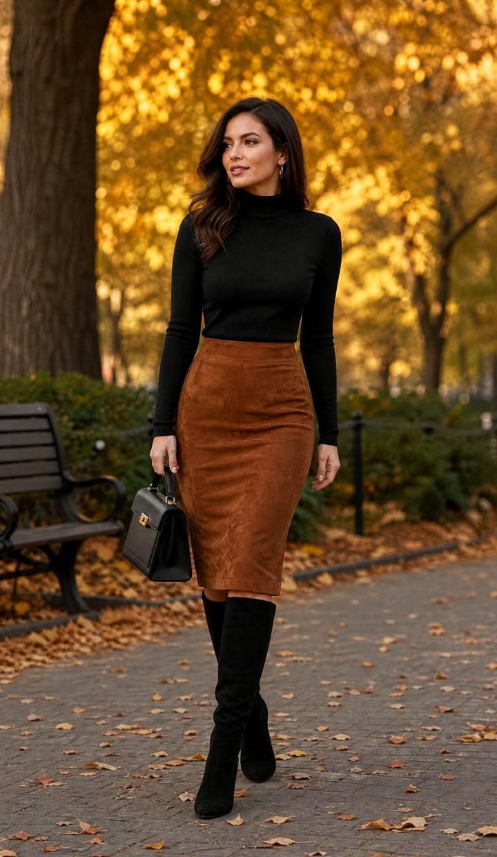 6. Rust Suede Pencil Skirt and Black Turtleneck for the Office
