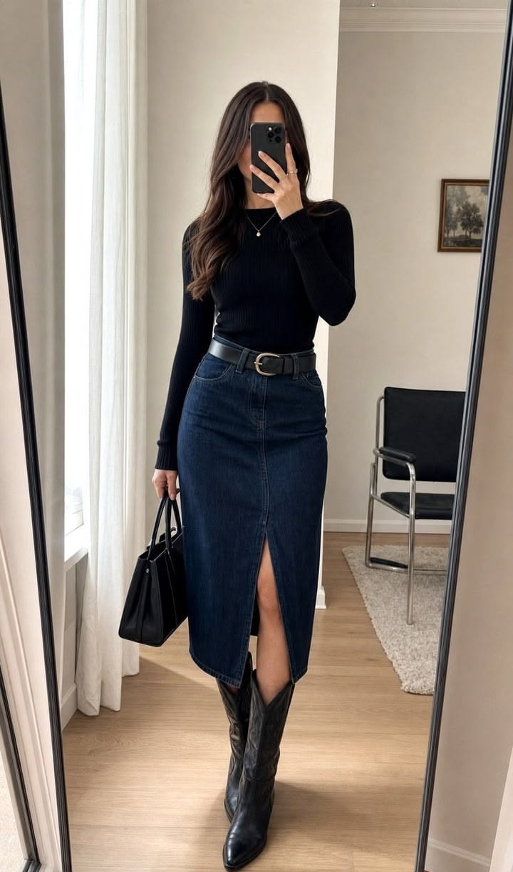 7. Indigo Denim Midi Skirt With Front Slit and Black Cowboy Boots