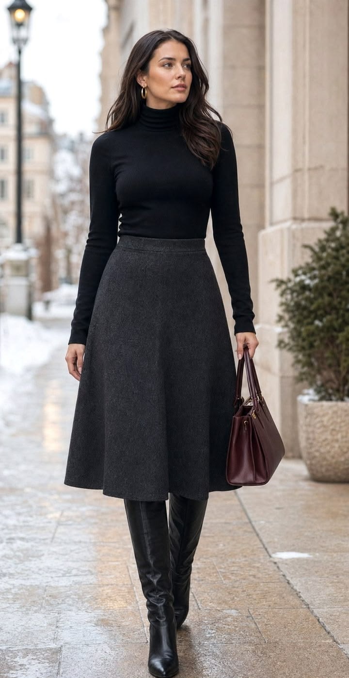 8. Charcoal Wool Skirt, Black Turtleneck and a Burgundy Tote for Winter