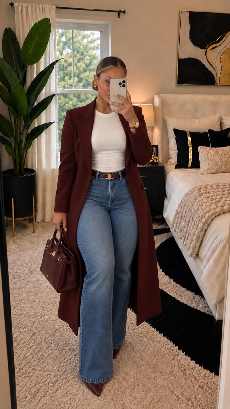 9. Head-to-Toe Burgundy Accents: Longline Coat, Wide-Leg Jeans and Pumps