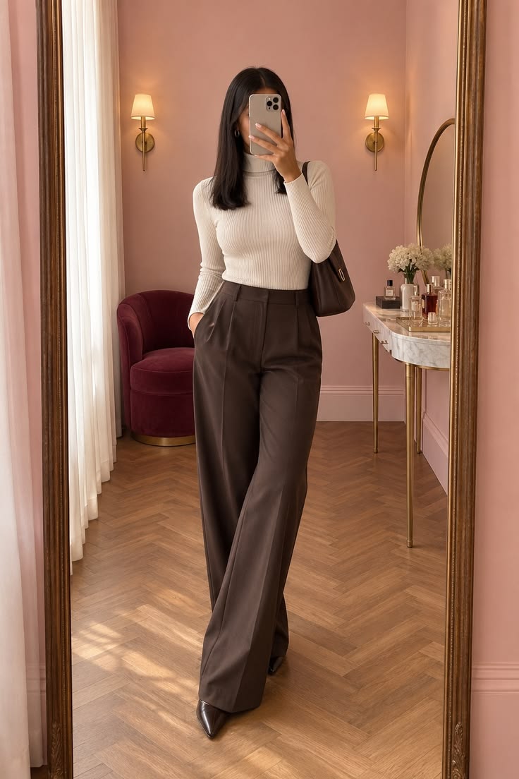 10. Ivory Turtleneck Tucked Into Chocolate Pleated Wide-Leg Trousers