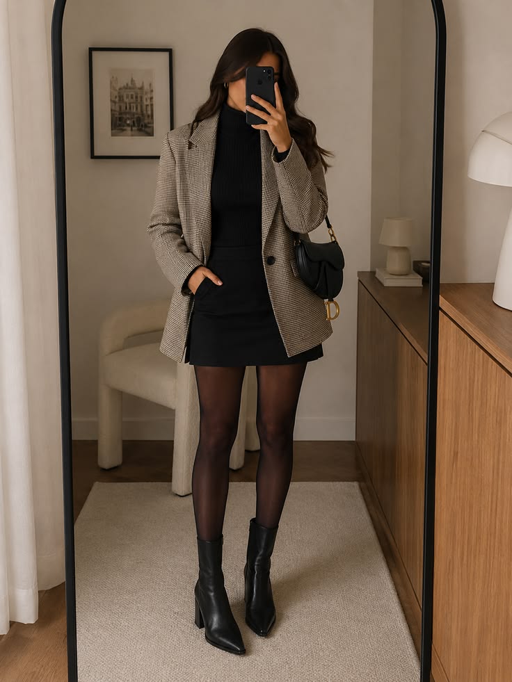 13. Houndstooth Blazer Over an All-Black Turtleneck and Mini Skirt Base