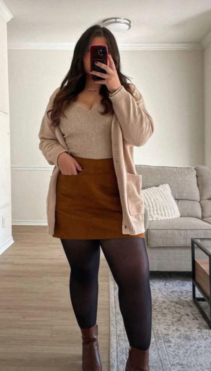14. Suede Mini Skirt With Oatmeal V-Neck and Long Cardigan