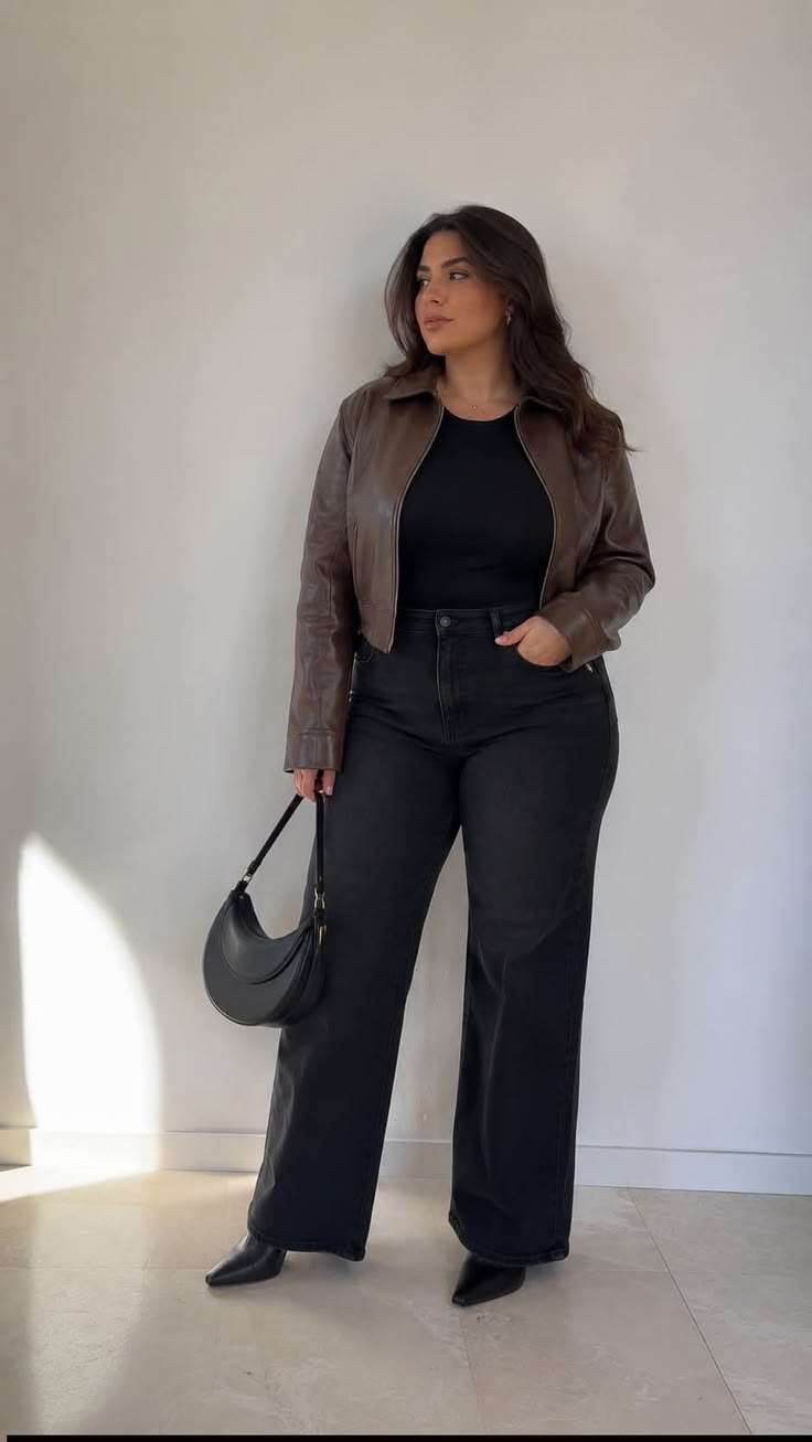 15. Cropped Brown Leather Jacket With Faded Black Wide-Leg Jeans