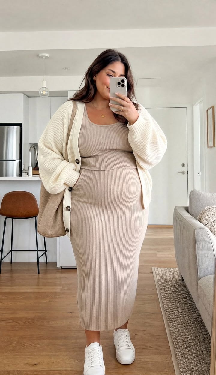 1. Taupe Ribbed Knit Skirt Set With Chunky Cream Cardigan