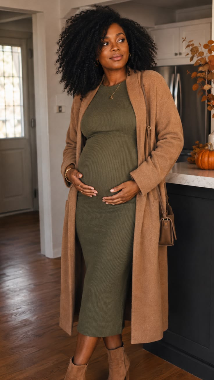 3. Olive Ribbed Bodycon Midi Dress Under a Long Camel Coatigan