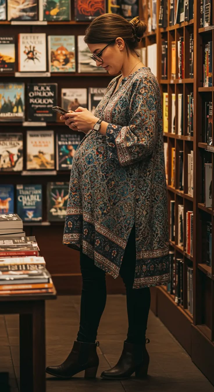 4. Paisley Print Tunic With Black Leggings and Heeled Ankle Boots