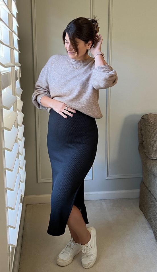 8. Mushroom Crewneck Sweater With a Navy Ribbed Midi Skirt